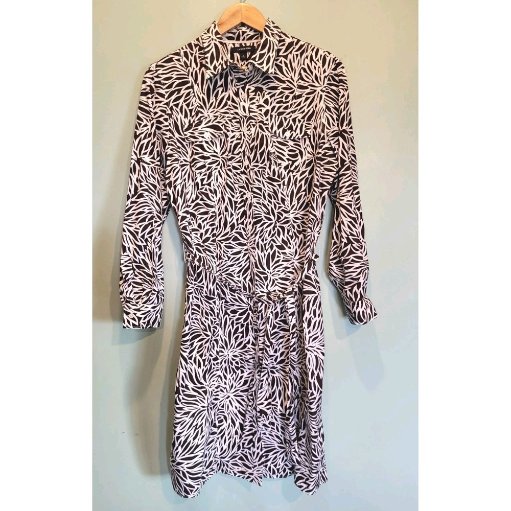 Lands End Brown White Floral Lightweight Button Front Belted Midi Dress Sz 14